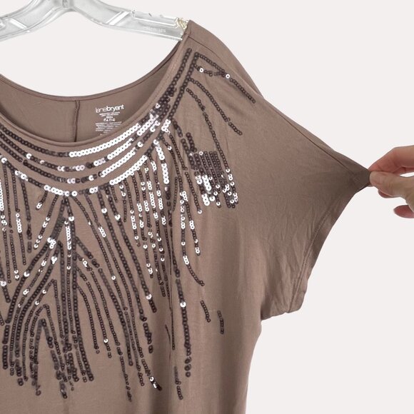 Lane Bryant Womens Plus Size 22/24 Brown Sequin Embellished Short Sleeve Top EUC - Picture 7 of 12